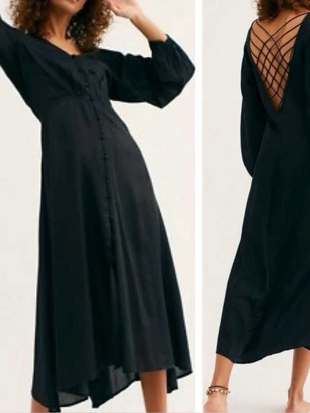 Free People Black Long-Sleeve Button-Front Midi Dress -